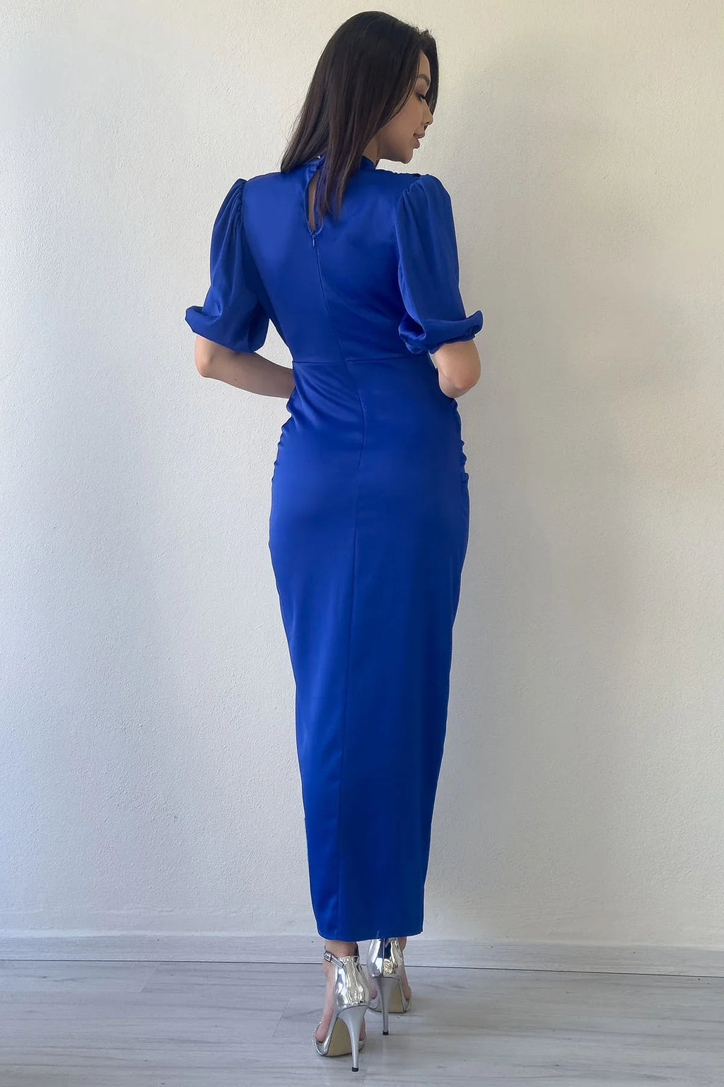 Kadın Saten Balon Kol Drapeli Yırtmaç Detaylı Abiye Elbise-Saks