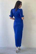 Kadın Saten Balon Kol Drapeli Yırtmaç Detaylı Abiye Elbise-Saks