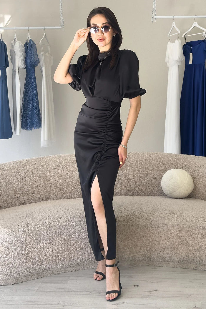 Kadın Saten Balon Kol Drapeli Yırtmaç Detaylı Abiye Elbise-Siyah