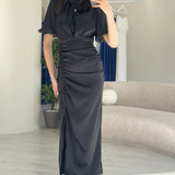 Kadın Saten Balon Kol Drapeli Yırtmaç Detaylı Abiye Elbise-Siyah