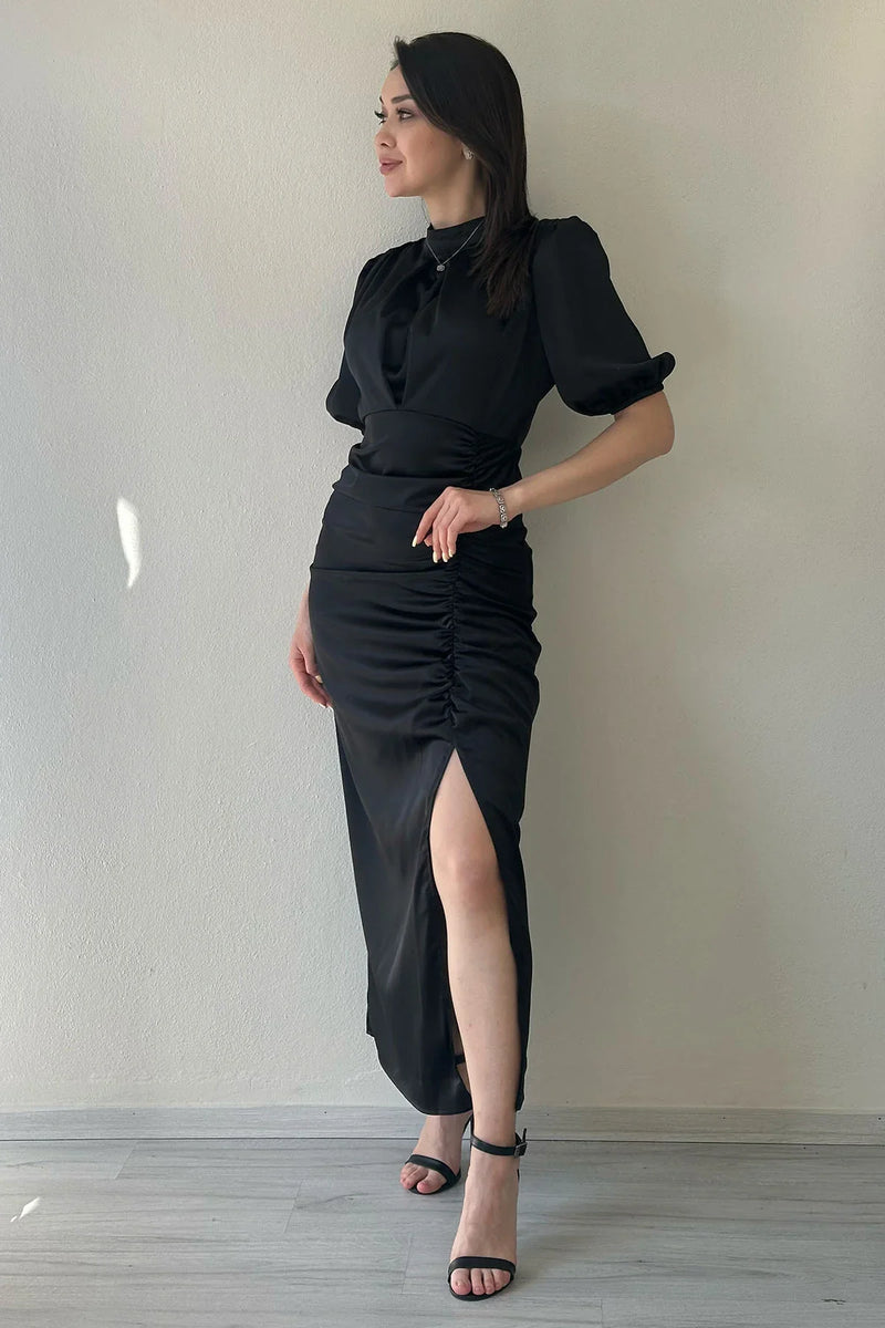 Kadın Saten Balon Kol Drapeli Yırtmaç Detaylı Abiye Elbise-Siyah