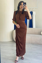 Kadın Saten Balon Kol Drapeli Yırtmaç Detaylı Abiye Elbise-Taba