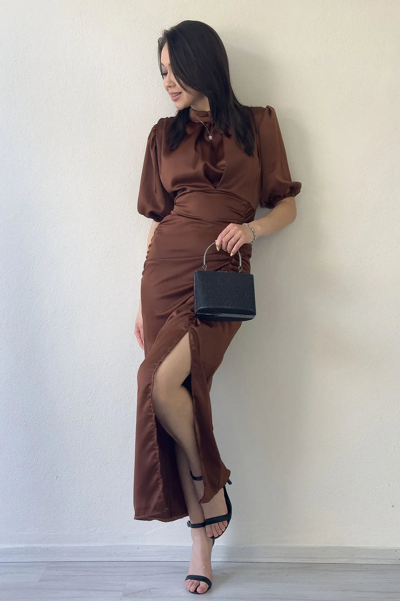 Kadın Saten Balon Kol Drapeli Yırtmaç Detaylı Abiye Elbise-Taba