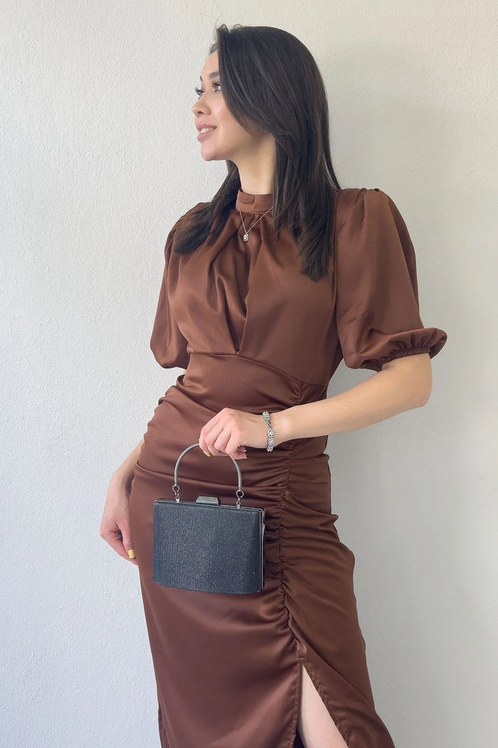 Kadın Saten Balon Kol Drapeli Yırtmaç Detaylı Abiye Elbise-Taba