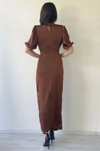 Kadın Saten Balon Kol Drapeli Yırtmaç Detaylı Abiye Elbise-Taba