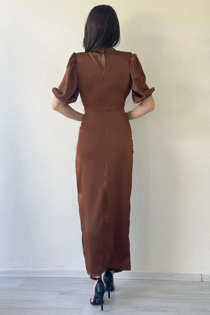 Kadın Saten Balon Kol Drapeli Yırtmaç Detaylı Abiye Elbise-Taba