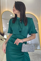 Kadın Saten Balon Kol Drapeli Yırtmaç Detaylı Abiye Elbise-Zümrüt Yeşili