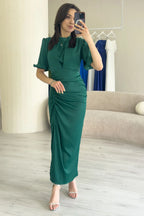 Kadın Saten Balon Kol Drapeli Yırtmaç Detaylı Abiye Elbise-Zümrüt Yeşili