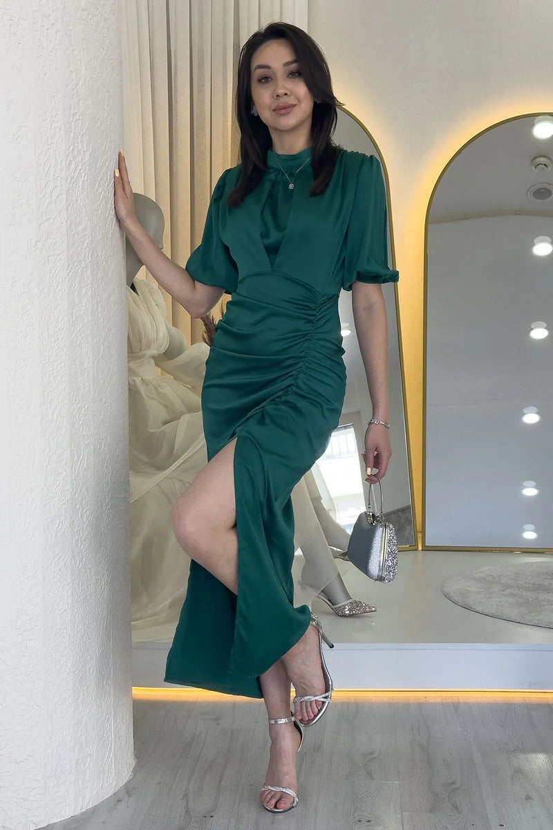 Kadın Saten Balon Kol Drapeli Yırtmaç Detaylı Abiye Elbise-Zümrüt Yeşili