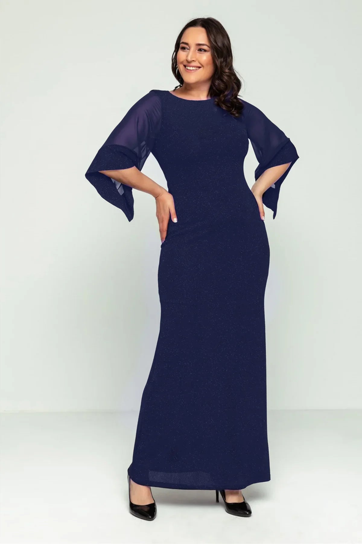 Lacivert Kadın Büyük Beden Kolu Şifon Simli Abiye Elbise

