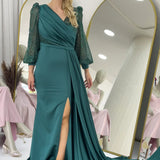 Kruvaze Yaka Zümrüt Yeşili Drapeli  Simli Kol Saten Abiye Elbise