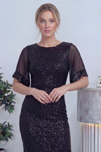 Kadın Siyah Midi Boy Pulpayet Şifon Tasarım Yarım Kol Büyük Beden Abiye Elbise