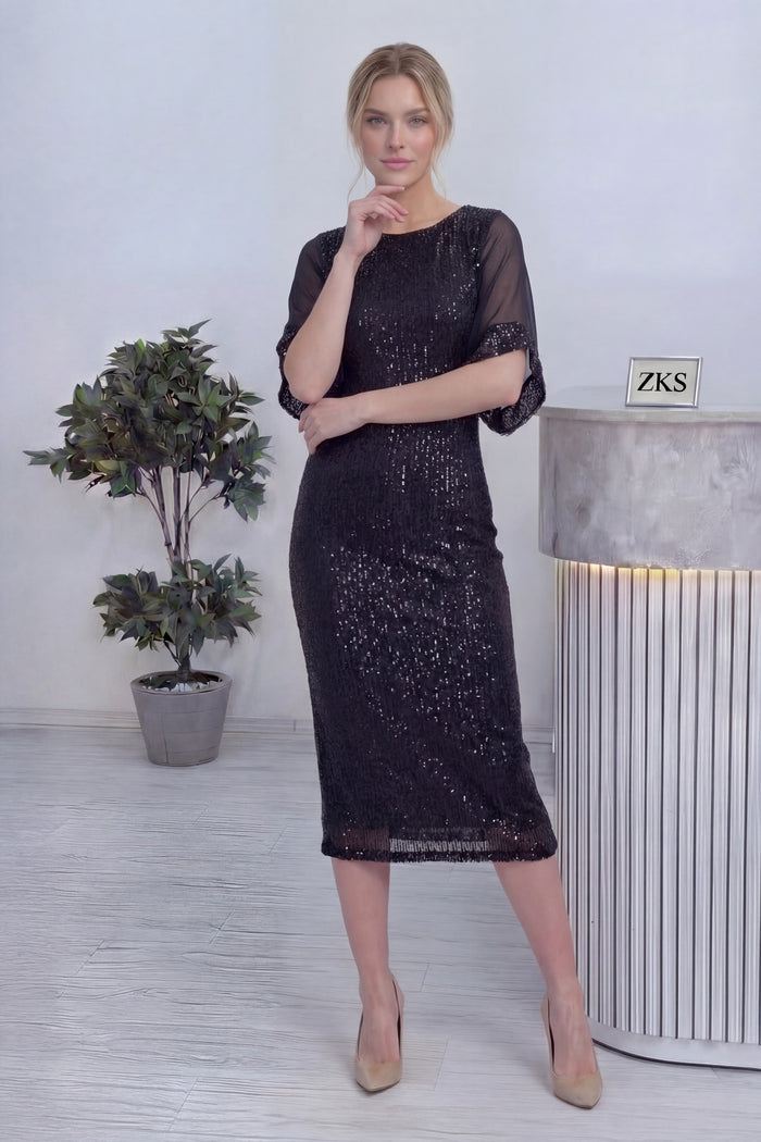 Kadın Siyah Midi Boy Pulpayet Şifon Tasarım Yarım Kol Büyük Beden Abiye Elbise