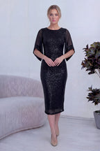 Kadın Siyah Midi Boy Pulpayet Şifon Tasarım Yarım Kol Büyük Beden Abiye Elbise