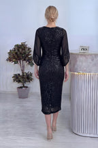 Kadın Siyah Midi Boy Pulpayet Şifon Tasarım Yarım Kol Büyük Beden Abiye Elbise