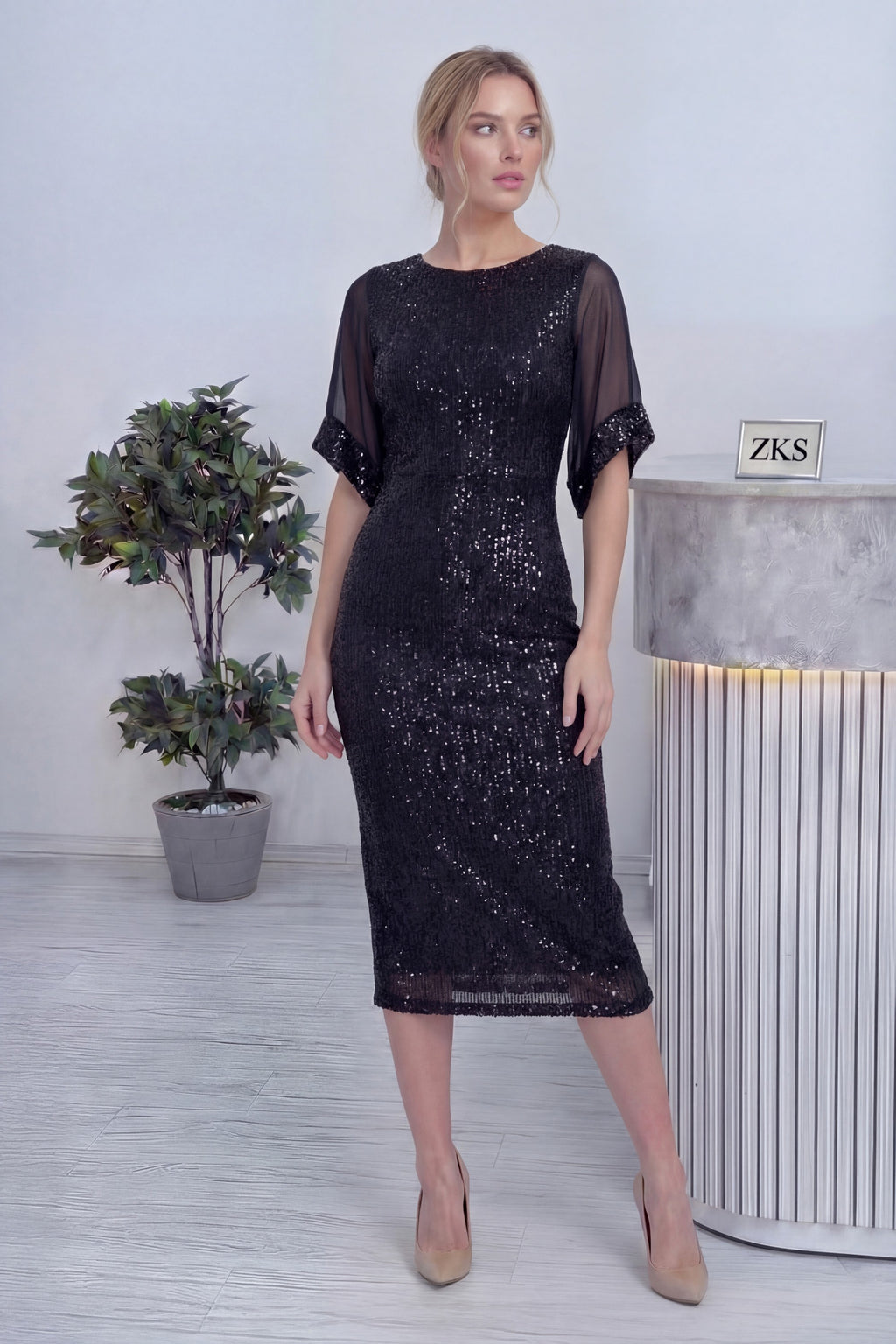 Kadın Siyah Midi Boy Pulpayet Şifon Tasarım Yarım Kol Büyük Beden Abiye Elbise