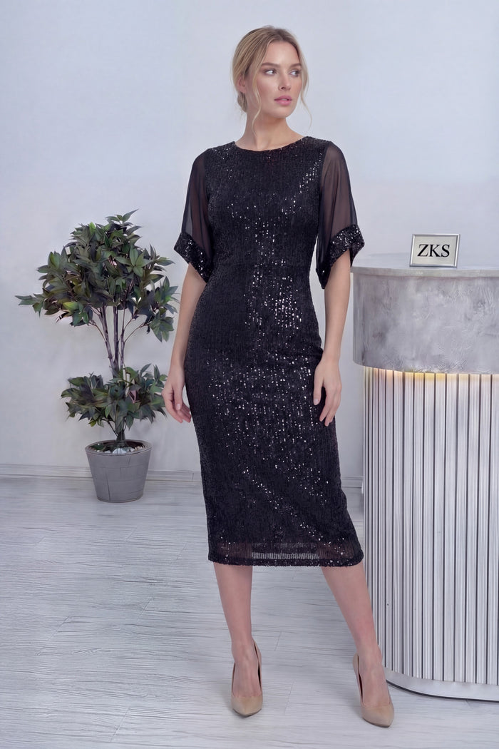 Kadın Siyah Midi Boy Pulpayet Şifon Tasarım Yarım Kol Büyük Beden Abiye Elbise