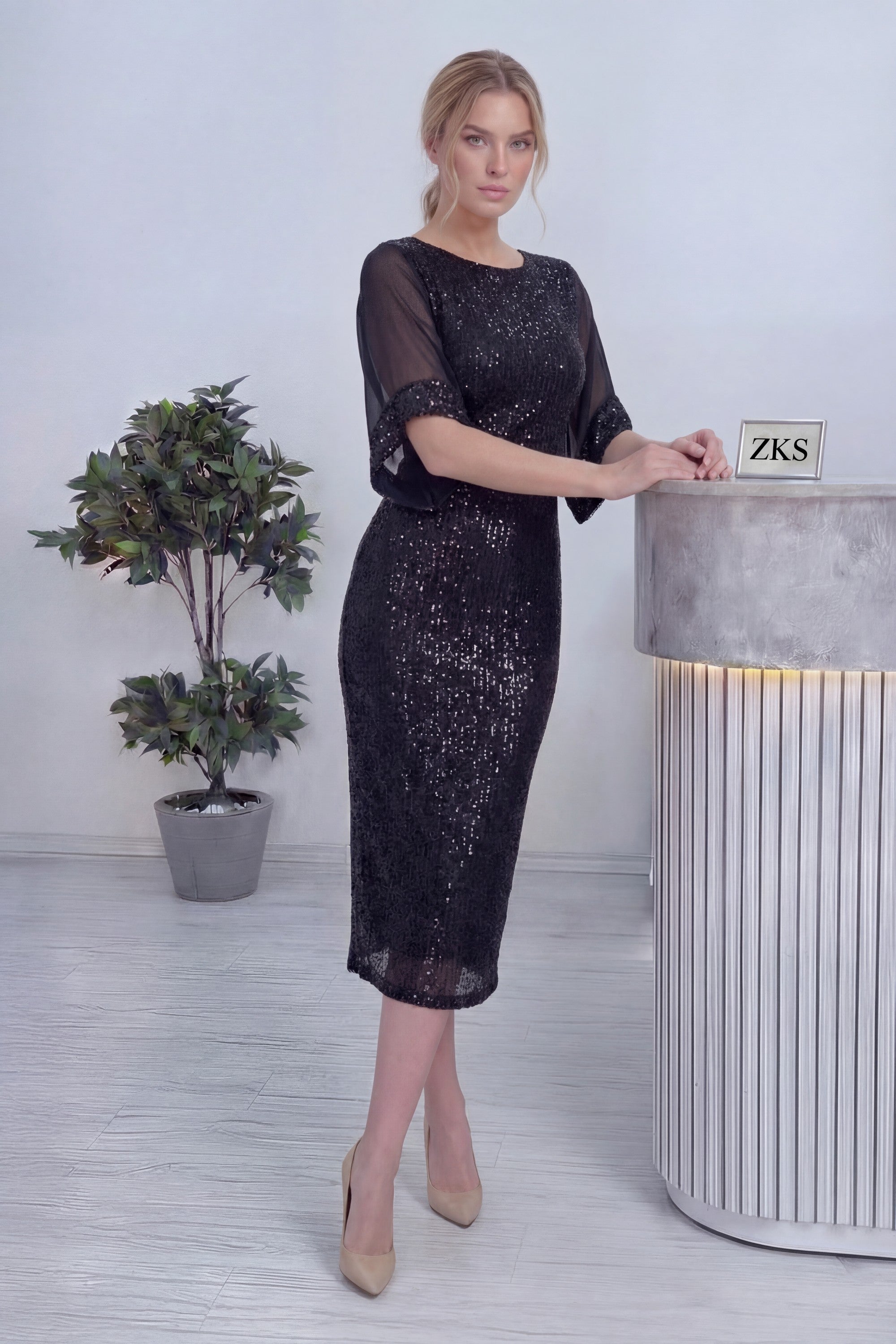 Kadın Siyah Midi Boy Pulpayet Şifon Tasarım Yarım Kol Büyük Beden Abiye Elbise