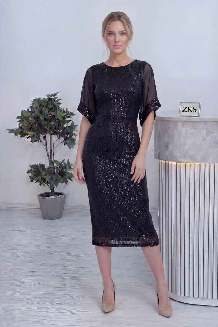 Kadın Siyah Midi Boy Pulpayet Şifon Tasarım Yarım Kol Büyük Beden Abiye Elbise