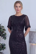 Kadın Siyah Midi Boy Pulpayet Şifon Tasarım Yarım Kol Büyük Beden Abiye Elbise