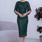 Kadın Zümrüt Yeşili Midi Boy Pulpayet Şifon Tasarım Yarım Kol Büyük Beden Abiye Elbise