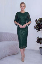 Kadın Zümrüt Yeşili Midi Boy Pulpayet Şifon Tasarım Yarım Kol Büyük Beden Abiye Elbise