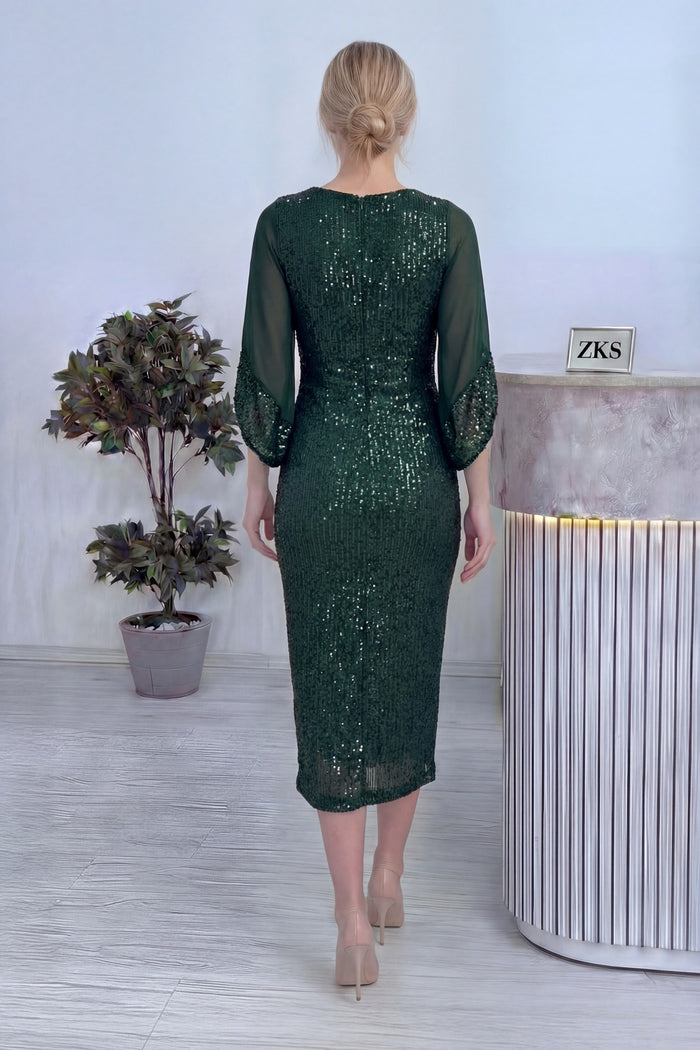 Kadın Zümrüt Yeşili Midi Boy Pulpayet Şifon Tasarım Yarım Kol Büyük Beden Abiye Elbise