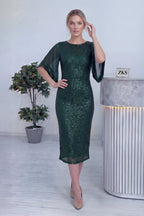 Kadın Zümrüt Yeşili Midi Boy Pulpayet Şifon Tasarım Yarım Kol Büyük Beden Abiye Elbise