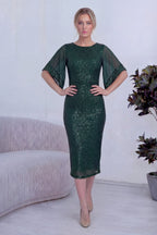 Kadın Zümrüt Yeşili Midi Boy Pulpayet Şifon Tasarım Yarım Kol Büyük Beden Abiye Elbise