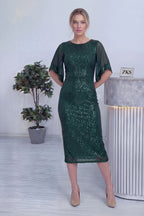 Kadın Zümrüt Yeşili Midi Boy Pulpayet Şifon Tasarım Yarım Kol Büyük Beden Abiye Elbise