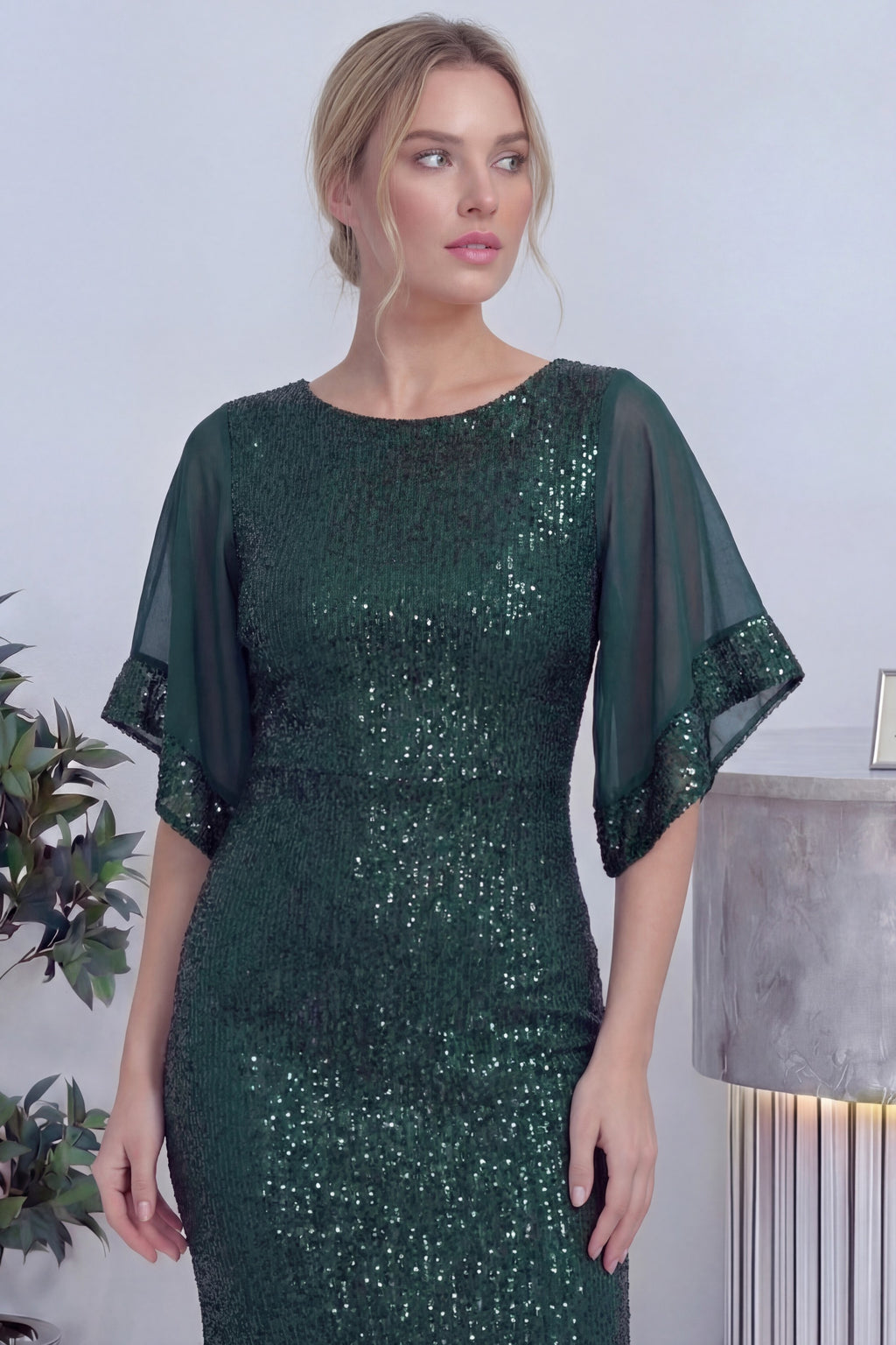 Kadın Zümrüt Yeşili Midi Boy Pulpayet Şifon Tasarım Yarım Kol Büyük Beden Abiye Elbise