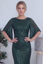 Kadın Zümrüt Yeşili Midi Boy Pulpayet Şifon Tasarım Yarım Kol Büyük Beden Abiye Elbise