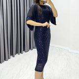 Lacivert Midi Boy Pulpayet Şifon Tasarım Yarım Kol Büyük Beden Abiye Elbise