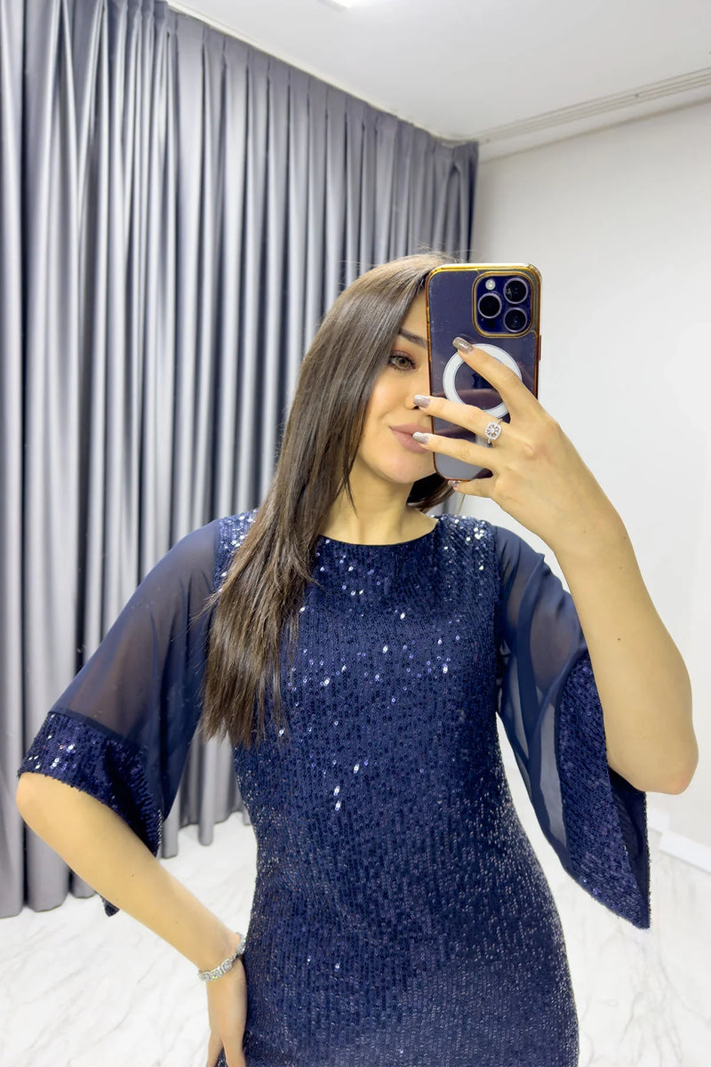 Lacivert Midi Boy Pulpayet Şifon Tasarım Yarım Kol Büyük Beden Abiye Elbise

