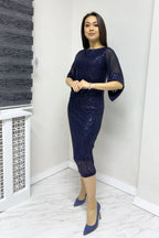 Lacivert Midi Boy Pulpayet Şifon Tasarım Yarım Kol Büyük Beden Abiye Elbise

