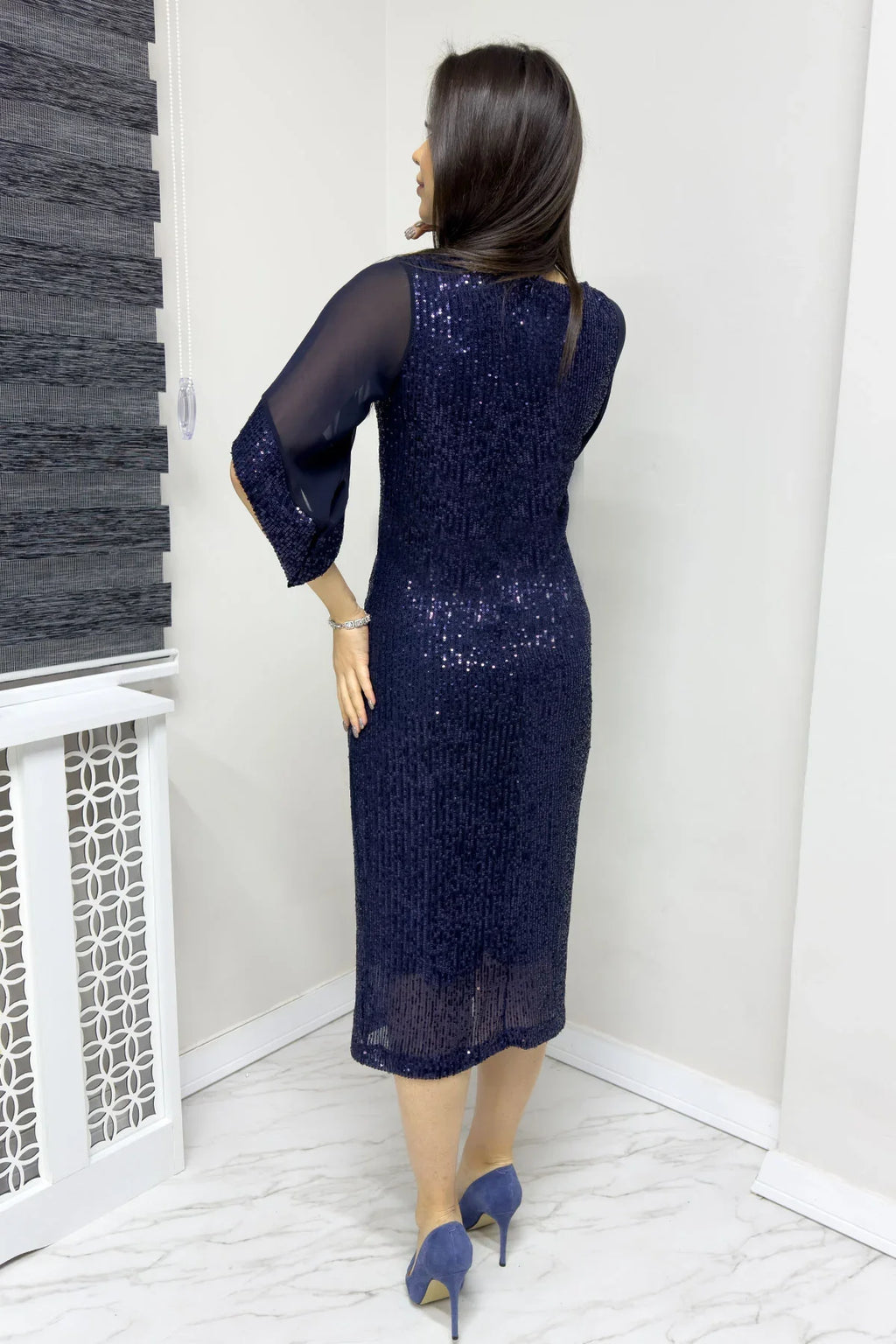 Lacivert Midi Boy Pulpayet Şifon Tasarım Yarım Kol Büyük Beden Abiye Elbise

