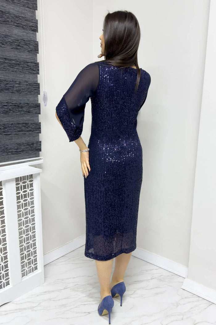 Lacivert Midi Boy Pulpayet Şifon Tasarım Yarım Kol Büyük Beden Abiye Elbise

