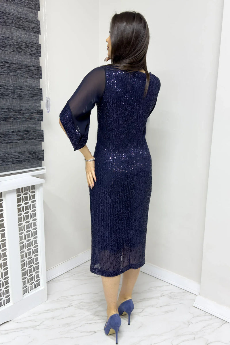 Lacivert Midi Boy Pulpayet Şifon Tasarım Yarım Kol Büyük Beden Abiye Elbise

