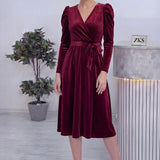 Bordo Kadın Karpuz Kol Kruvaze Kadife Kuşaklı Büyük Beden Elbise