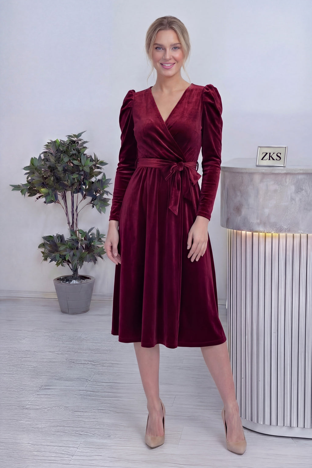 Bordo Kadın Karpuz Kol Kruvaze Kadife Kuşaklı Büyük Beden Elbise