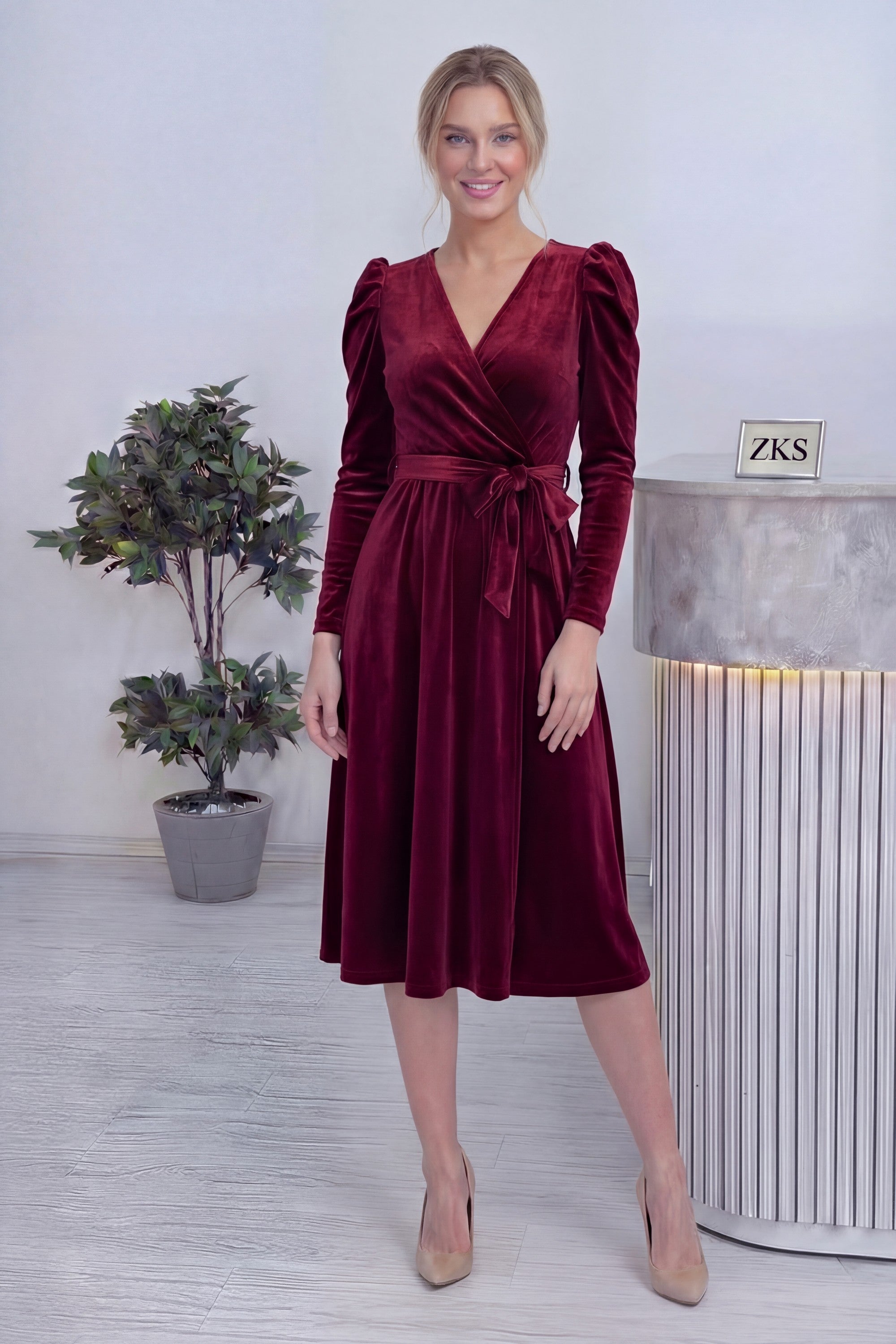 Bordo Kadın Karpuz Kol Kruvaze Kadife Kuşaklı Büyük Beden Elbise