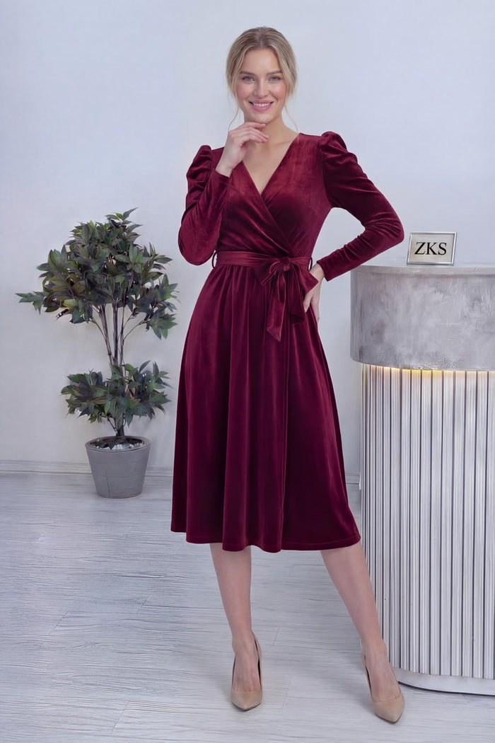 Bordo Kadın Karpuz Kol Kruvaze Kadife Kuşaklı Büyük Beden Elbise