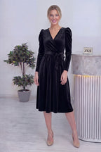 Siyah Kadın Karpuz Kol Kruvaze Kadife Kuşaklı Büyük Beden Elbise