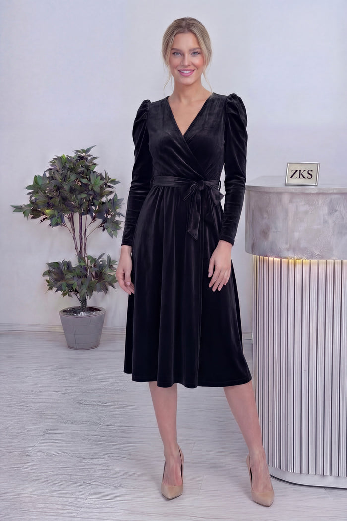 Siyah Kadın Karpuz Kol Kruvaze Kadife Kuşaklı Büyük Beden Elbise