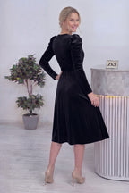 Siyah Kadın Karpuz Kol Kruvaze Kadife Kuşaklı Büyük Beden Elbise