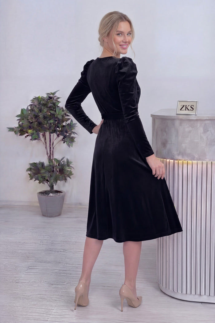 Siyah Kadın Karpuz Kol Kruvaze Kadife Kuşaklı Büyük Beden Elbise