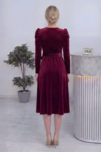 Bordo Kadın Karpuz Kol Kruvaze Kadife Kuşaklı Büyük Beden Elbise