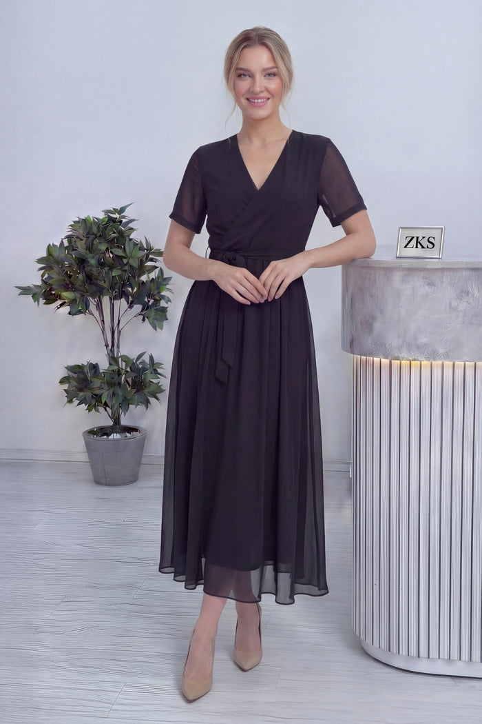 Siyah Kısa Kol Kruvaze Yaka Şifon Büyük Beden Elbise