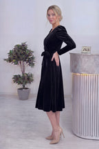 Siyah Kadın Karpuz Kol Kruvaze Kadife Kuşaklı Büyük Beden Elbise