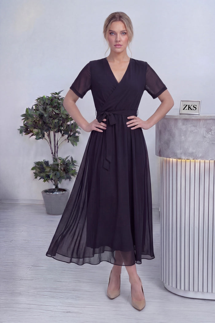 Siyah Kısa Kol Kruvaze Yaka Şifon Büyük Beden Elbise